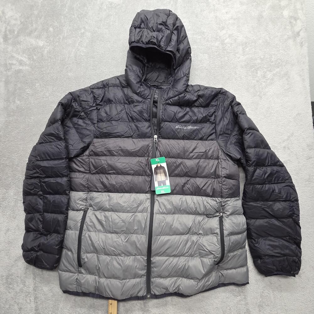 Eddie Bauer Jacket Mens XL Black Puffer Hooded Lined Insulated Full Zip Pockets